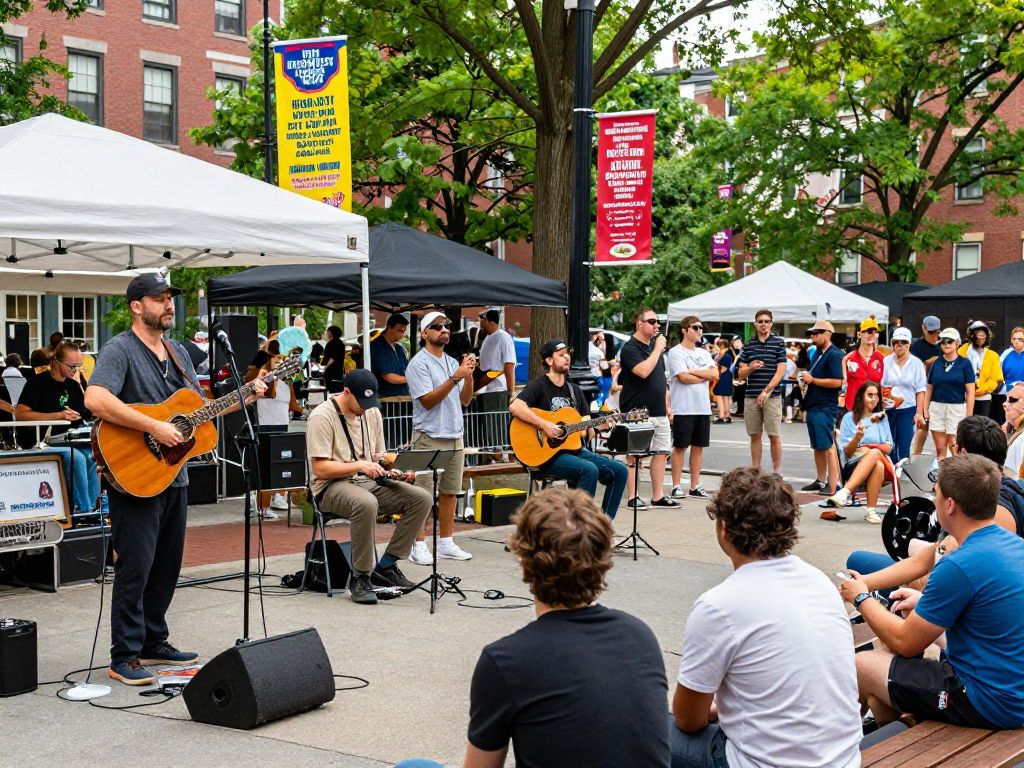 Musicians performing in a vibrant Boston park with a crowd enjoying the music