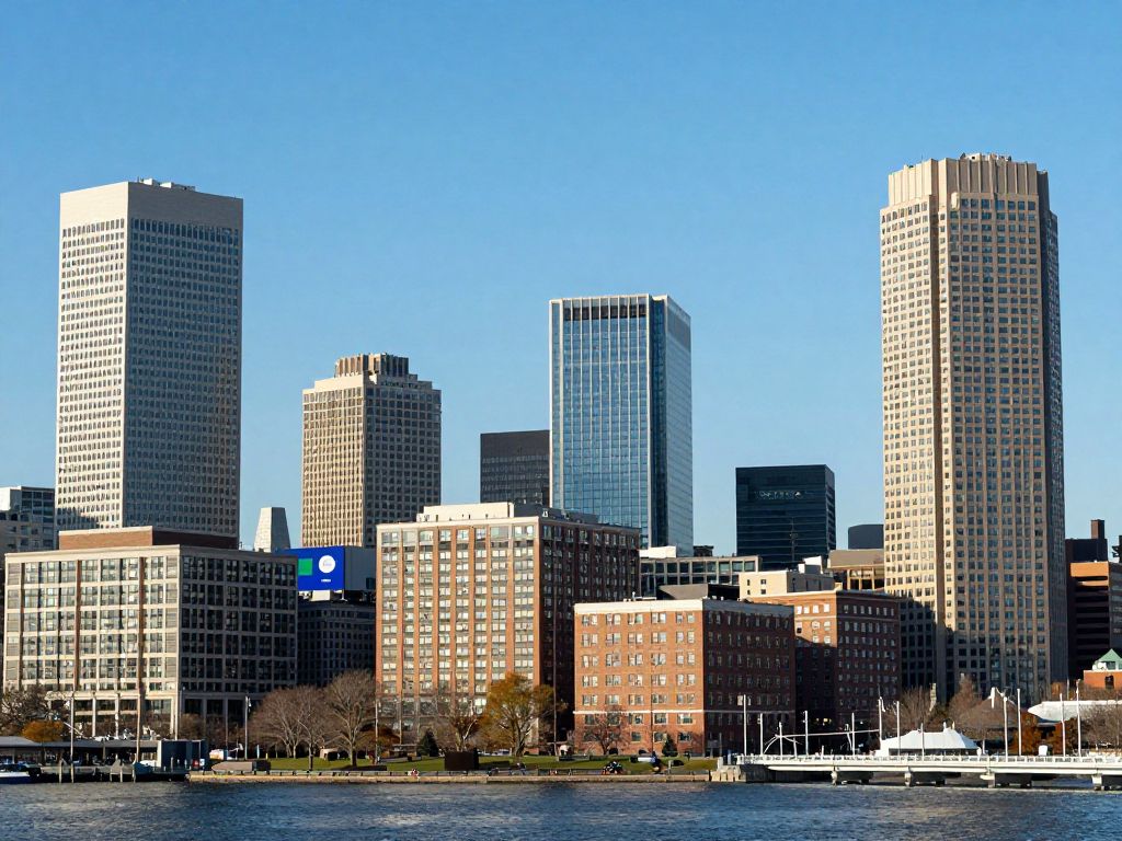 Boston city skyline with biotech innovation elements.