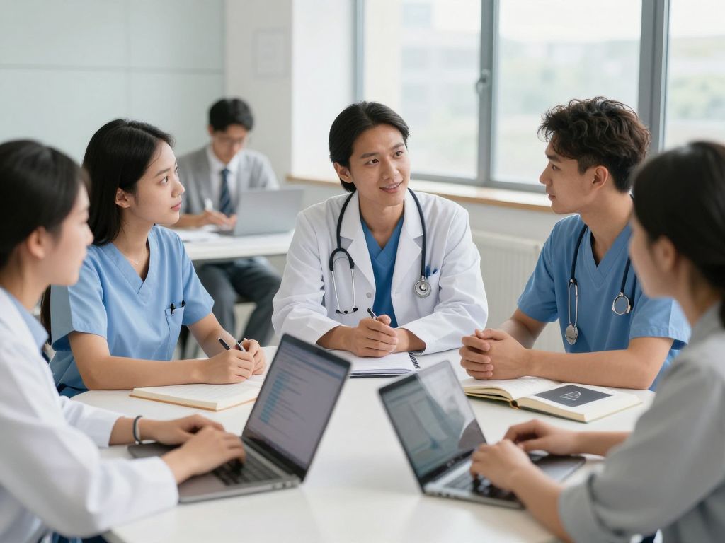 Students engaged in a healthcare administration discussion