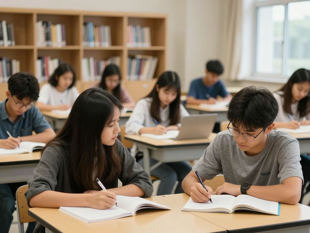 Students studying on a college campus focusing on three-year bachelor's degree programs