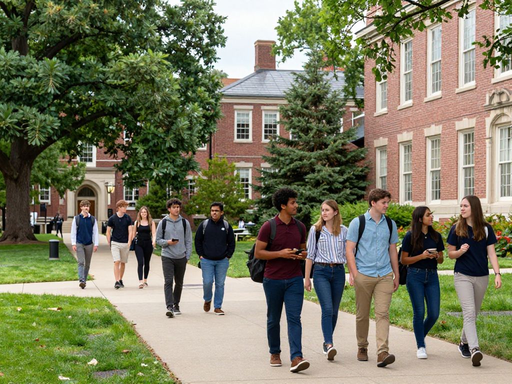 Campus view of Boston College with students interacting.