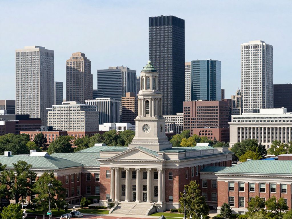 Boston skyline with universities and military symbols