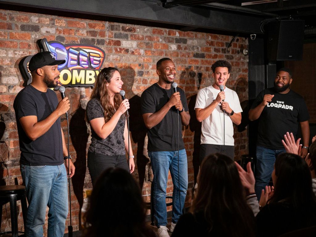 A vibrant comedy night in Boston with diverse performers and an engaged audience.