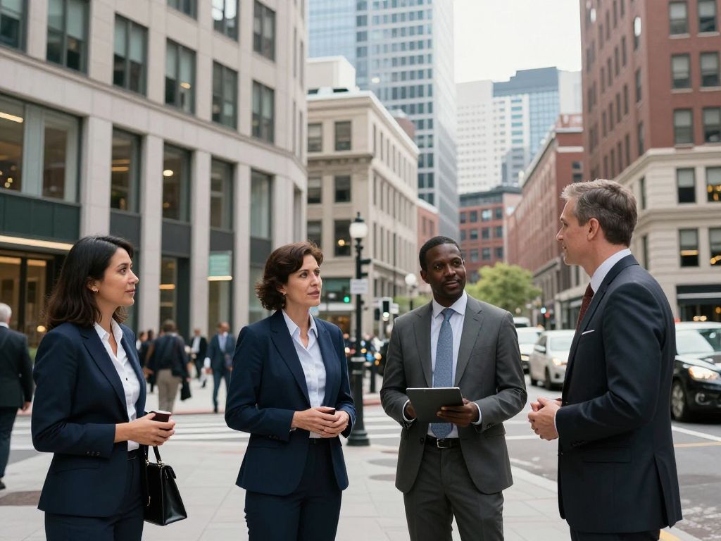 Boston's commercial real estate environment with professionals discussing strategies.