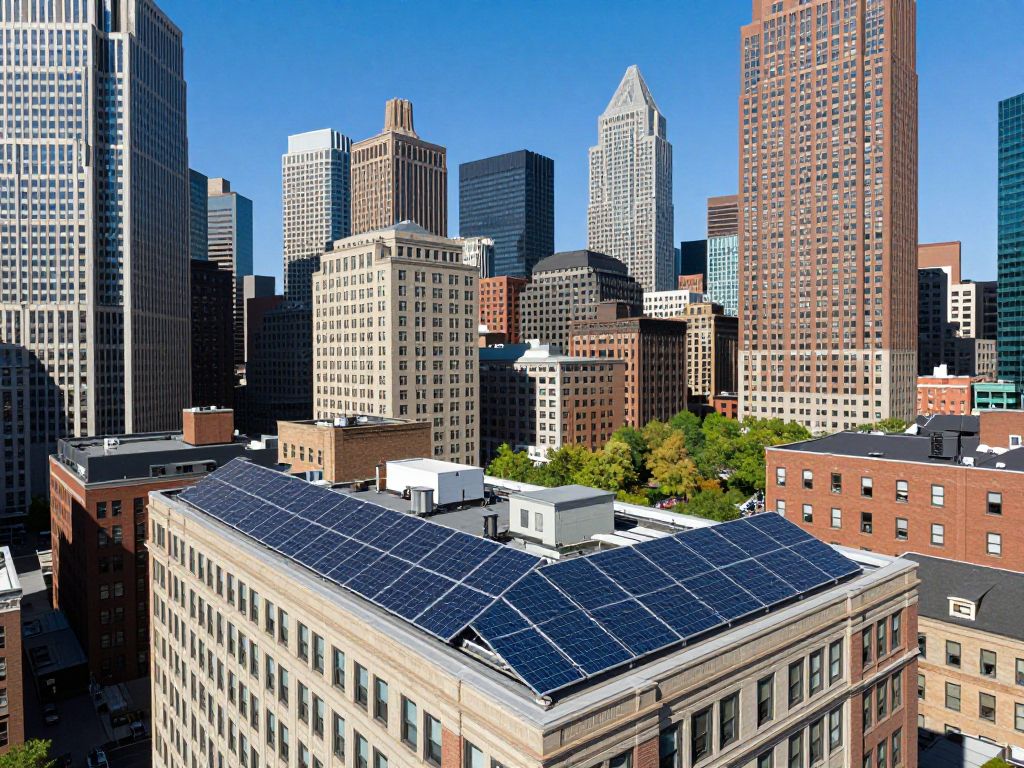 Boston city skyline featuring solar panels and clean energy initiatives