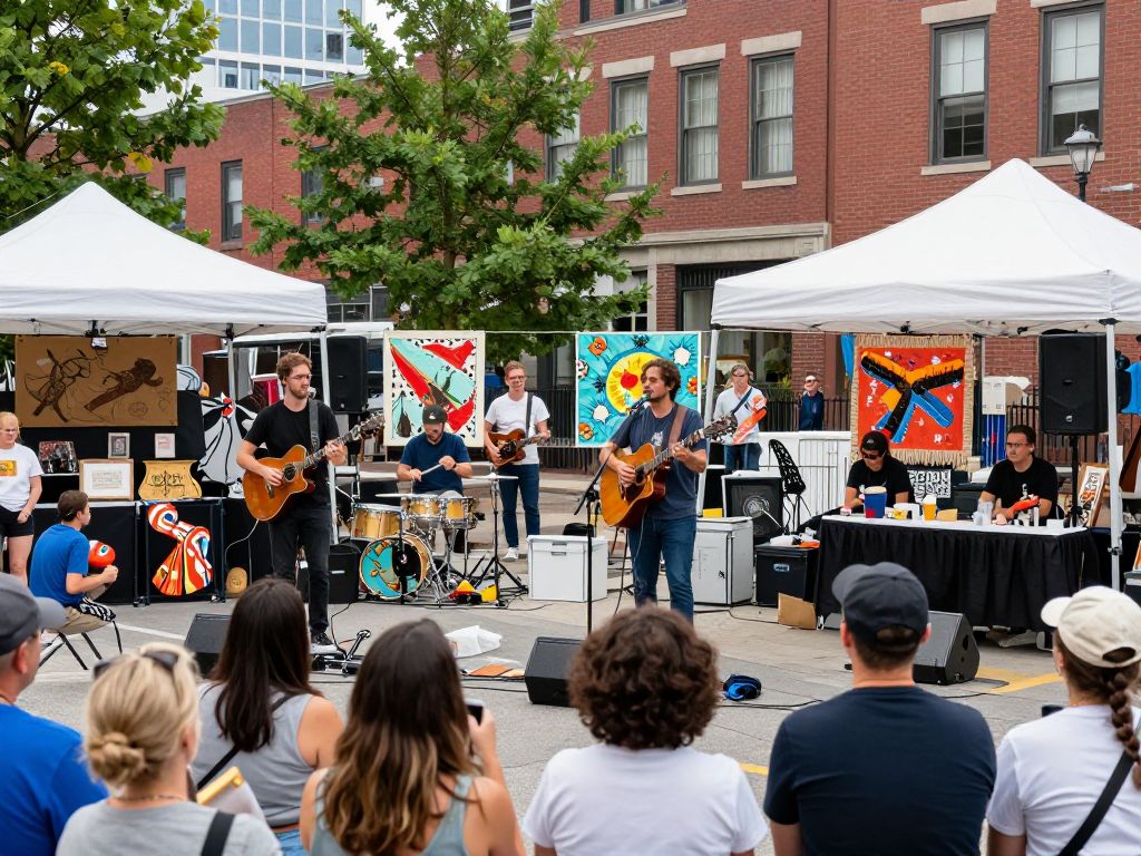 A crowd enjoying a cultural event in Boston with live music and artistic displays