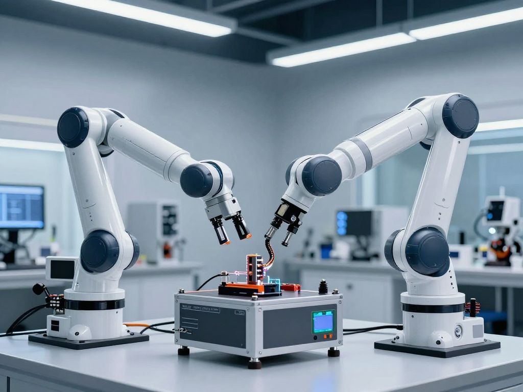 Futuristic robotics laboratory with advanced robots