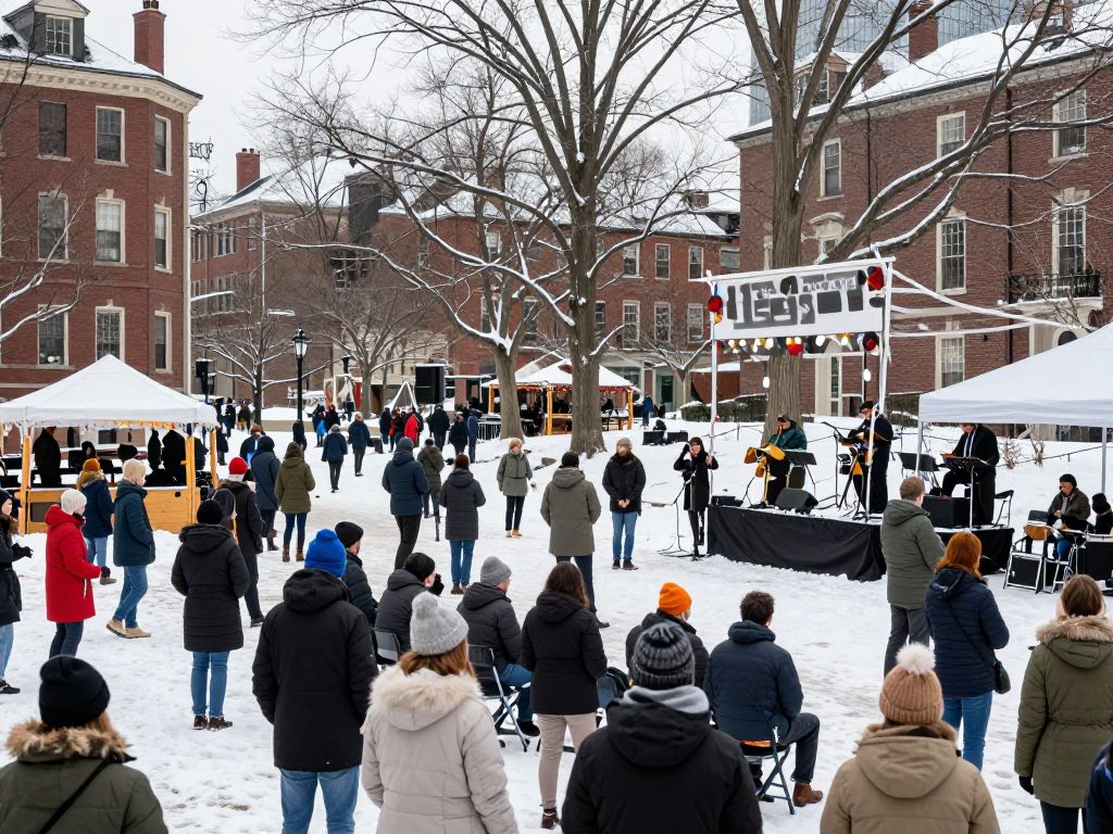 Celebration of February events in Boston with people enjoying outdoor activities and concerts.