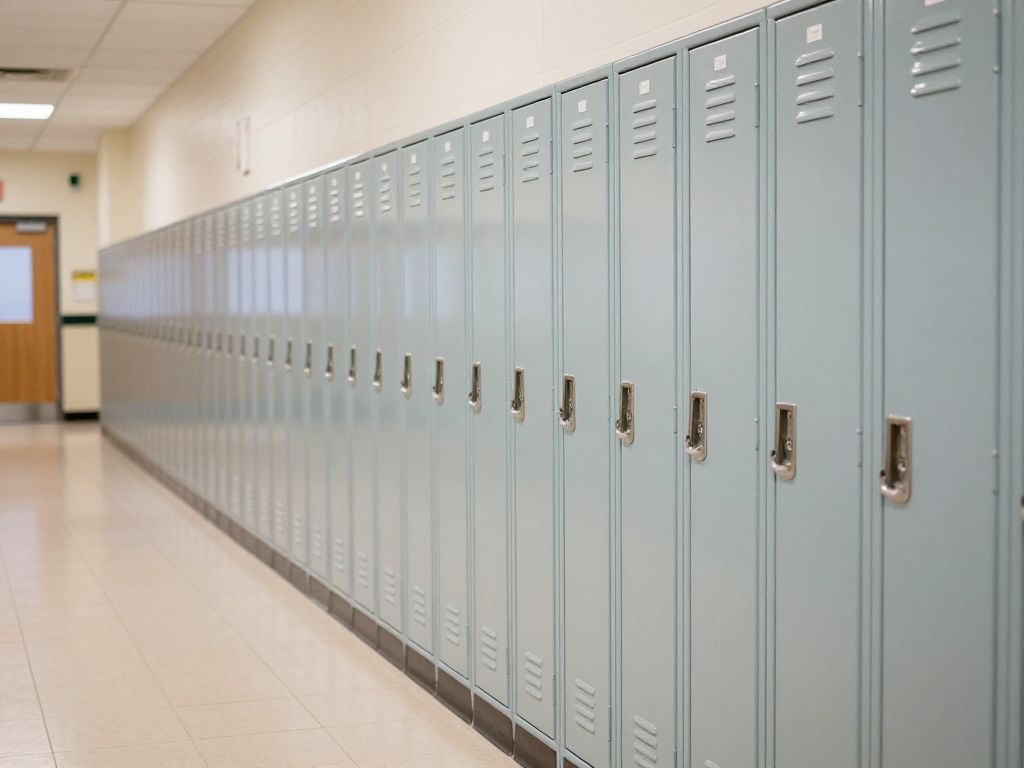 A hallway in a Boston high school with lockers