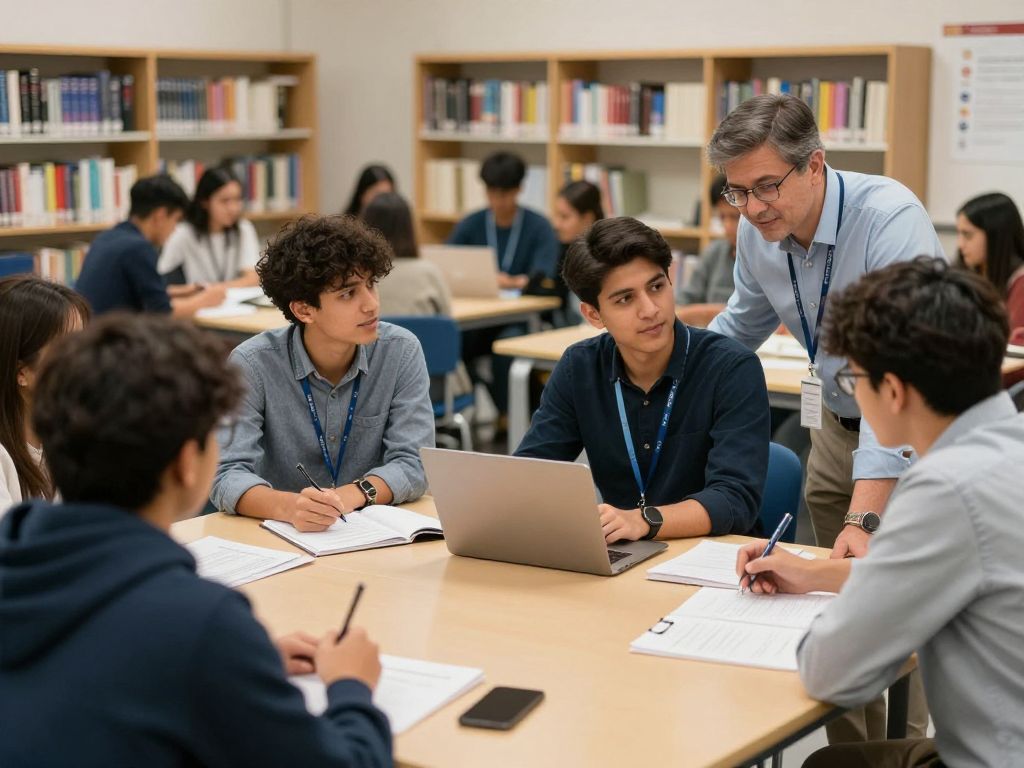 Students and professors collaborating in an academic setting focused on global studies.