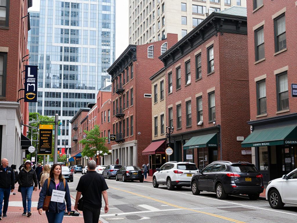 City street in Boston with housing-related signs