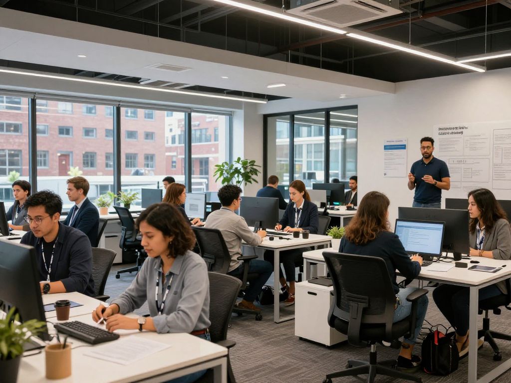 Urban environment in Boston with entrepreneurs collaborating.