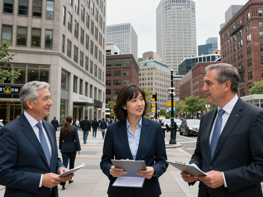 A vibrant business environment in Boston with professionals in the insurance sector.