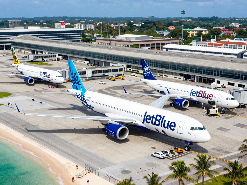 JetBlue planes at Boston Logan Airport with a tropical background