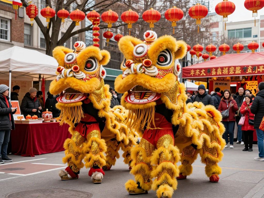 Colorful lion dance during Boston's Lunar New Year celebrations.