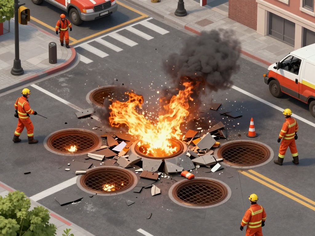 Scene of manhole explosions with emergency services in Boston's Back Bay