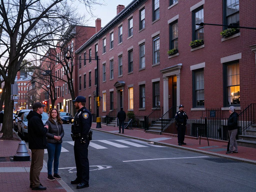 A tranquil Boston street at dusk, emphasizing urban safety and community vigilance.