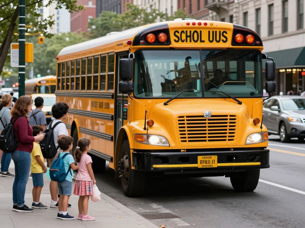 Boston school bus with children and parents in view