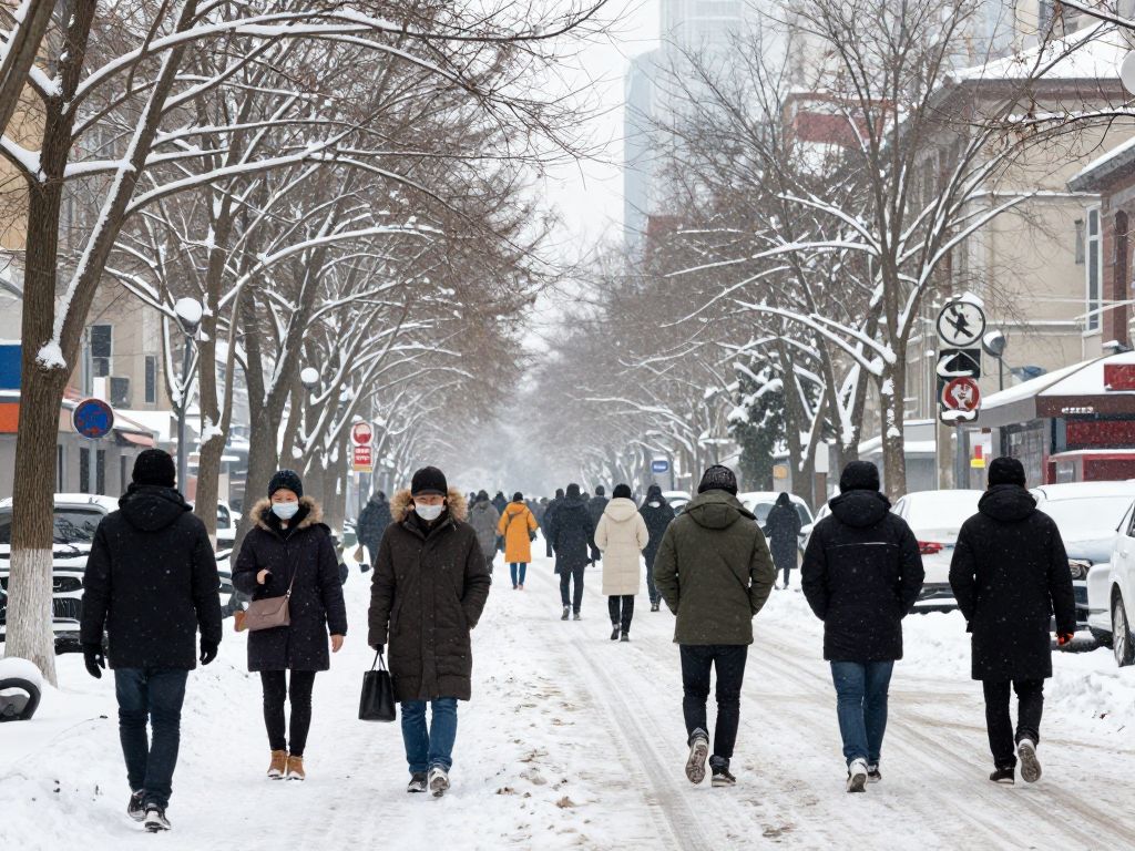 A snowy street in Boston during cold weather