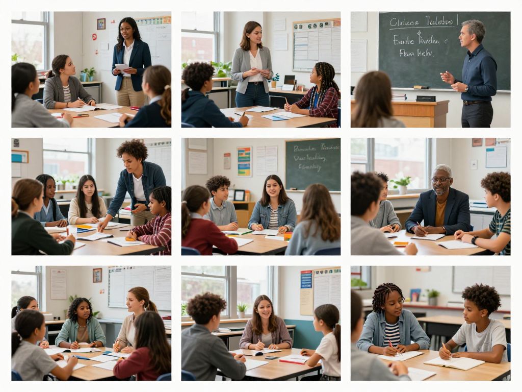 Teachers in Boston classrooms collaborating with students using diverse educational materials.