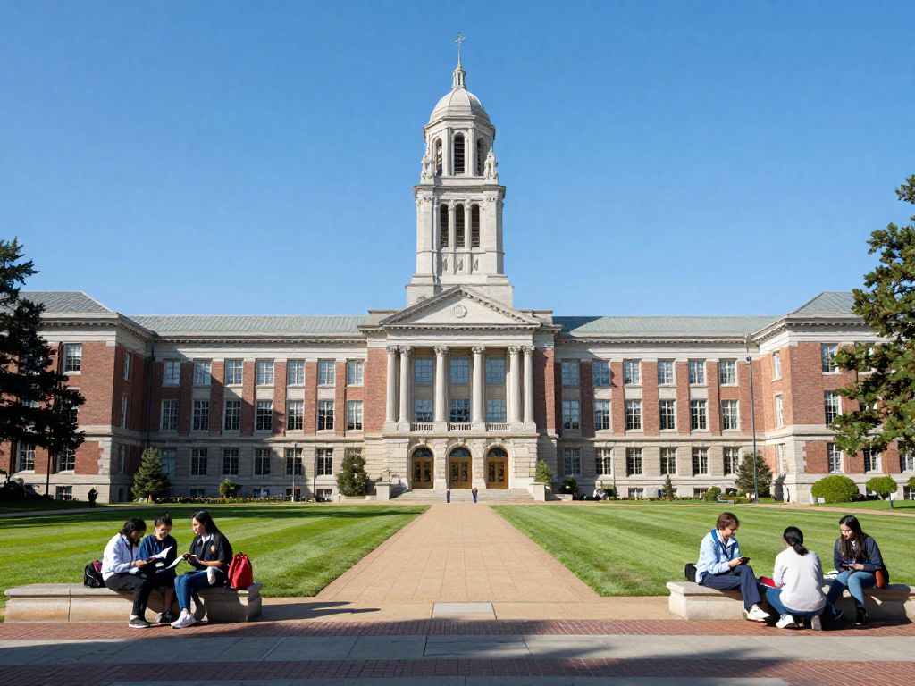 Boston University campus with students studying
