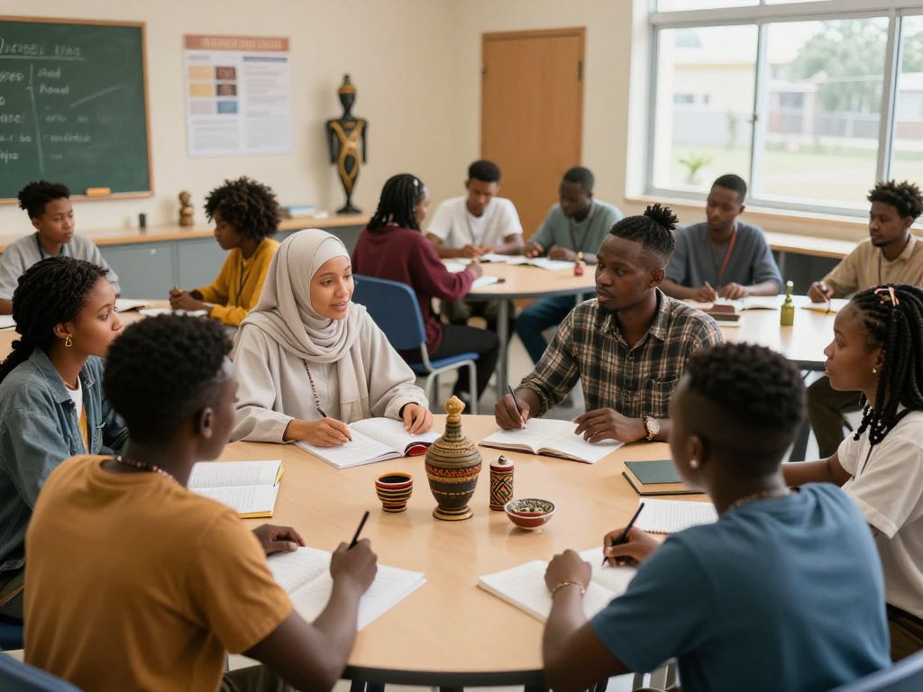 Students engaging in a discussion about religion and Pan-African studies at Boston University.