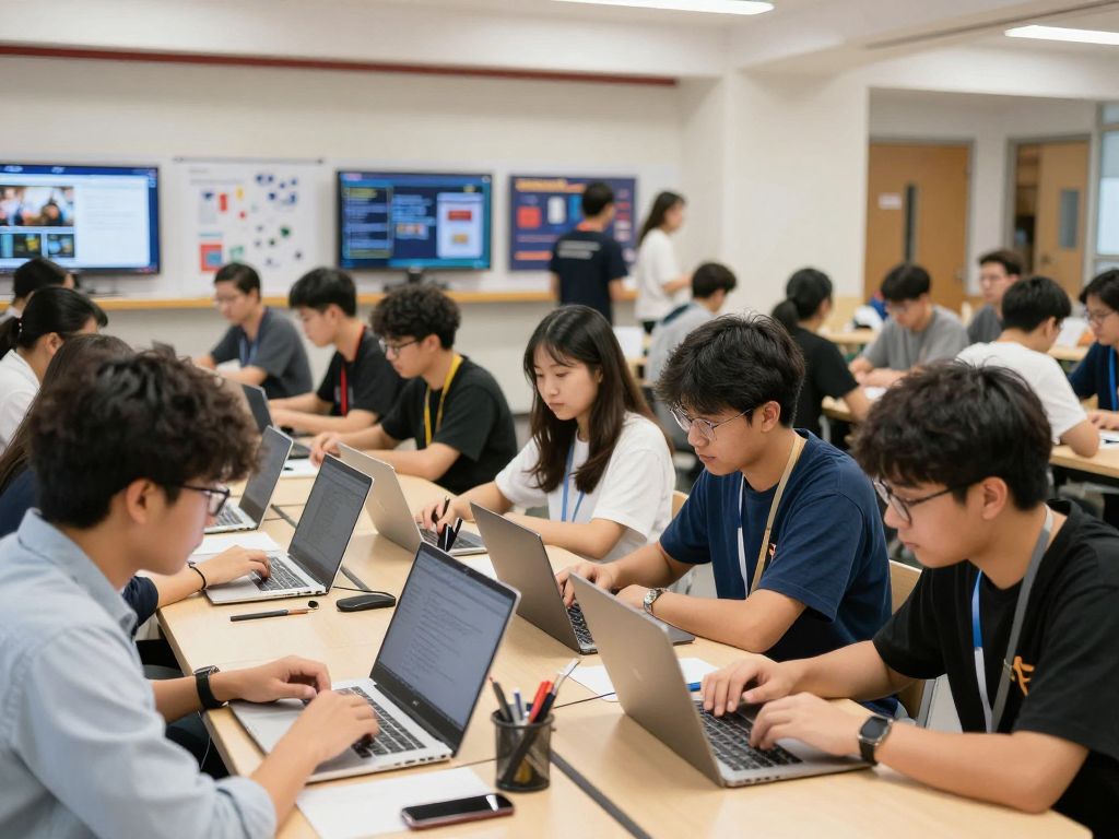 Students collaborating on technology projects at Boston University