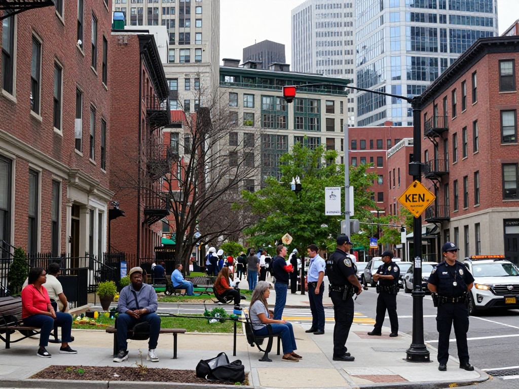 View of Boston city with urban life activities