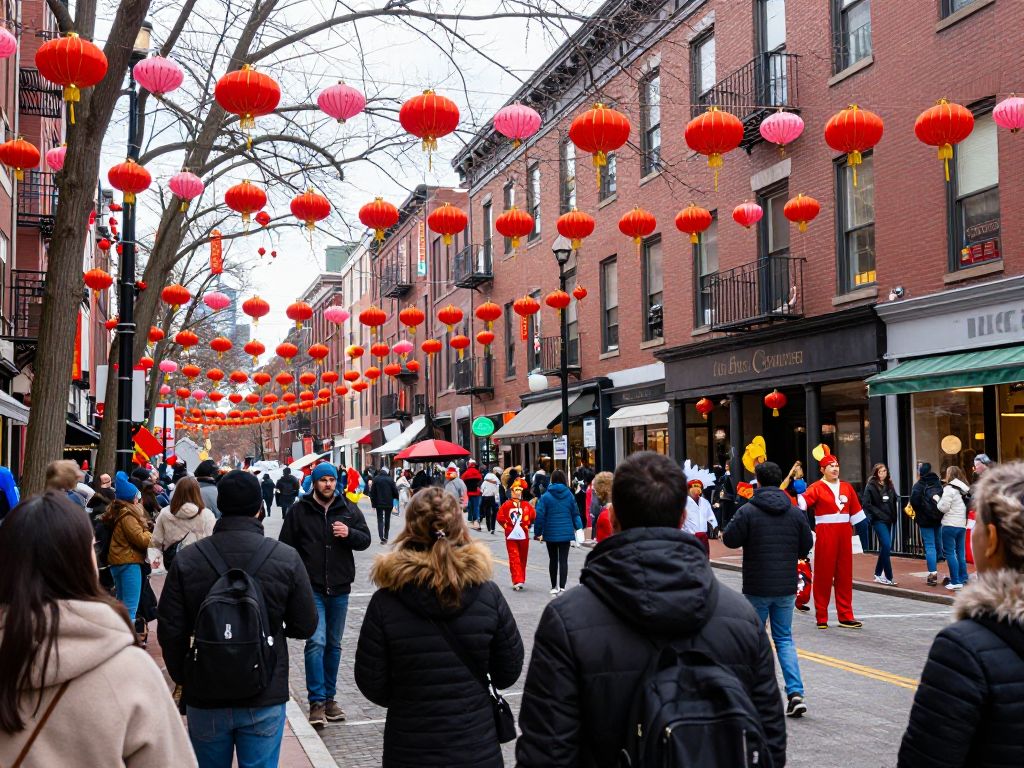 Street scene showcasing Boston's Valentine's Day and Lunar New Year festivities.