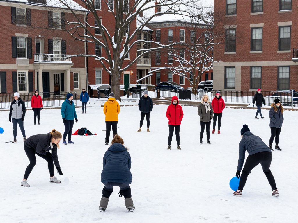 Winter scene in Boston with community members supporting each other.