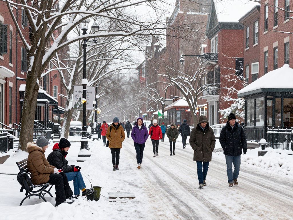 Snowy streets in Boston with community members preparing for winter storms.