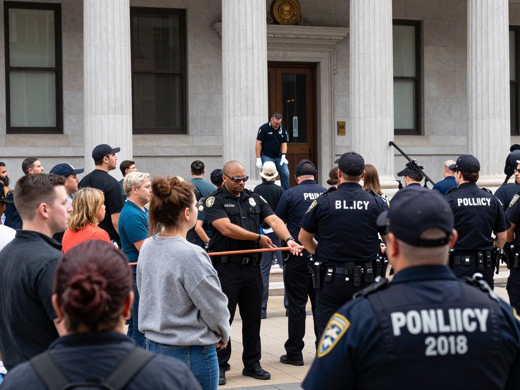 Scene of a courthouse with a tense atmosphere reflecting immigration enforcement.