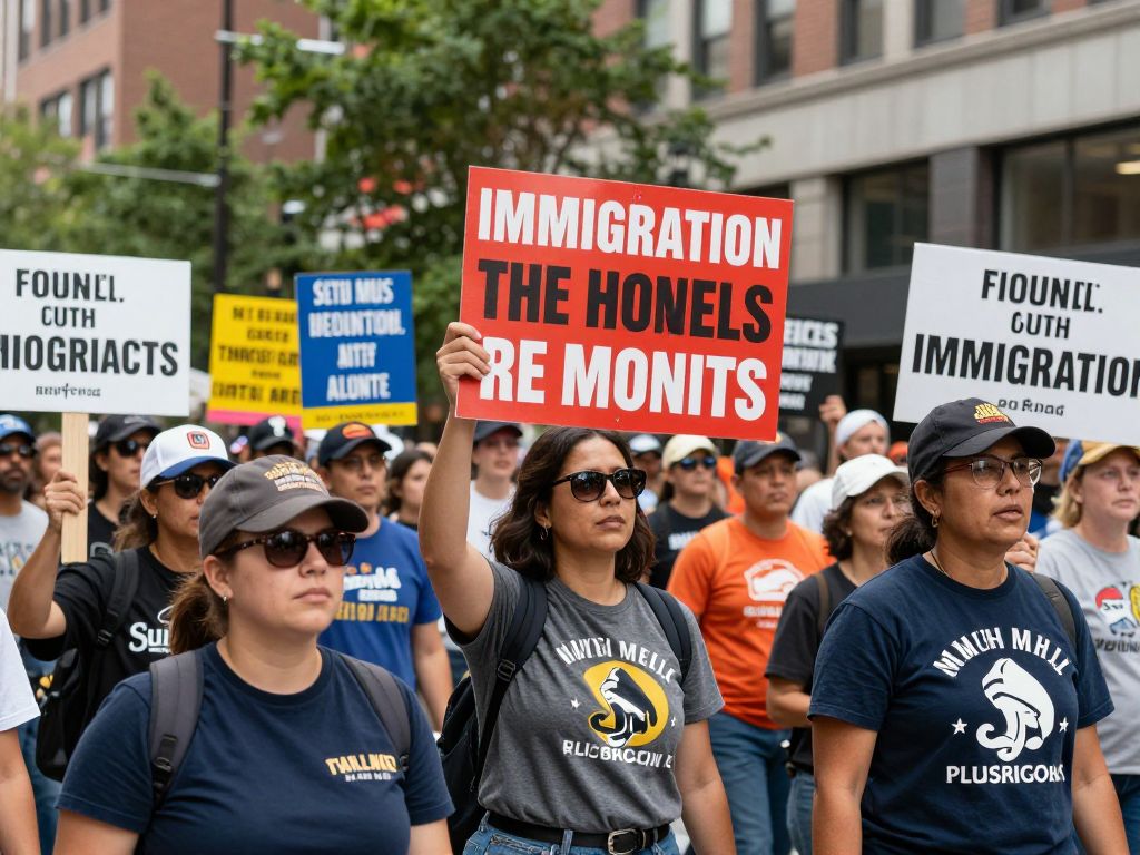 A diverse group of people rallying in support of immigration rights in an urban area.