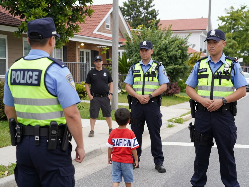Law enforcement officers discussing community vigilance against child trafficking