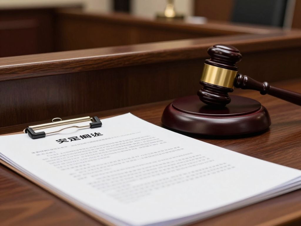 Courtroom with legal documents on the desk and a gavel