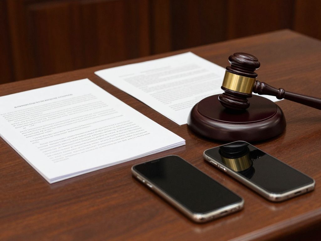 Courtroom setting with legal documents and smartphones