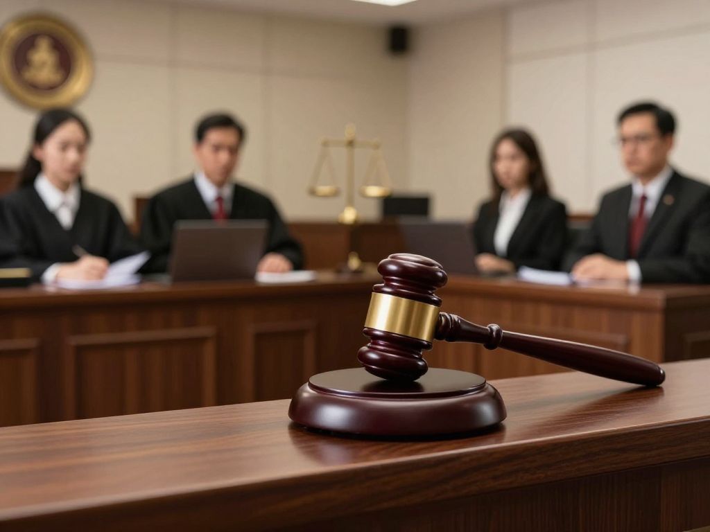 A courtroom setting with lawyers and a judge present