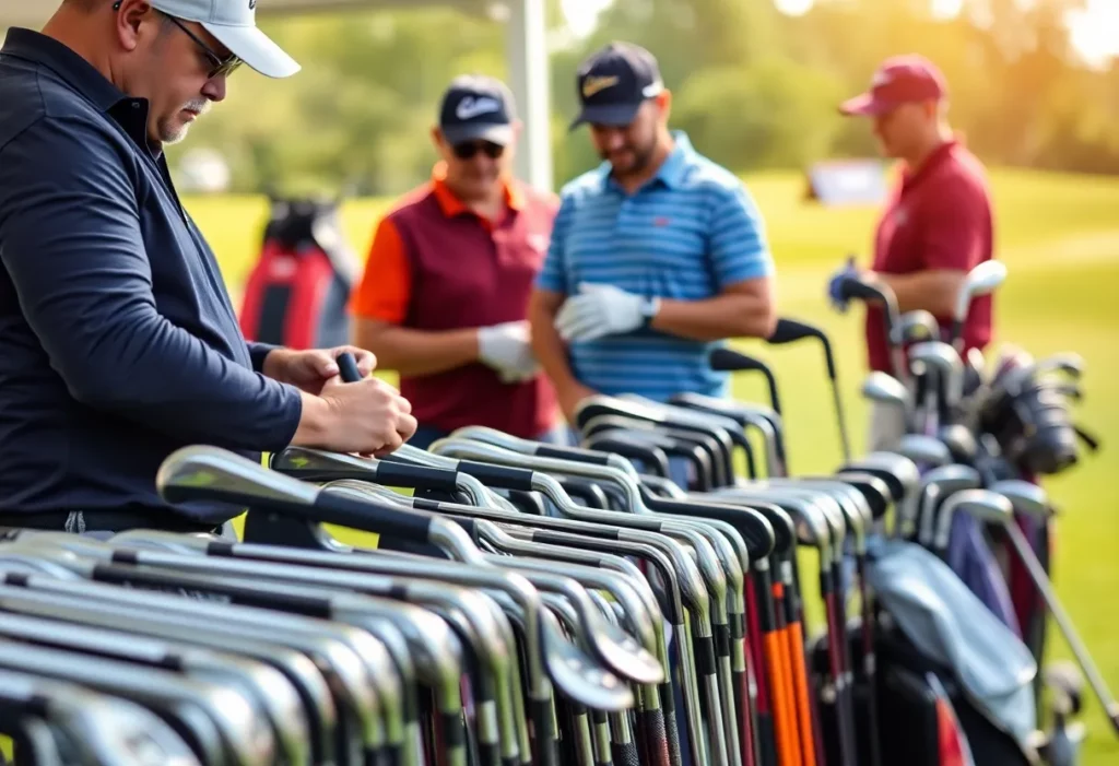 A variety of custom golf clubs displayed on a green golf course.