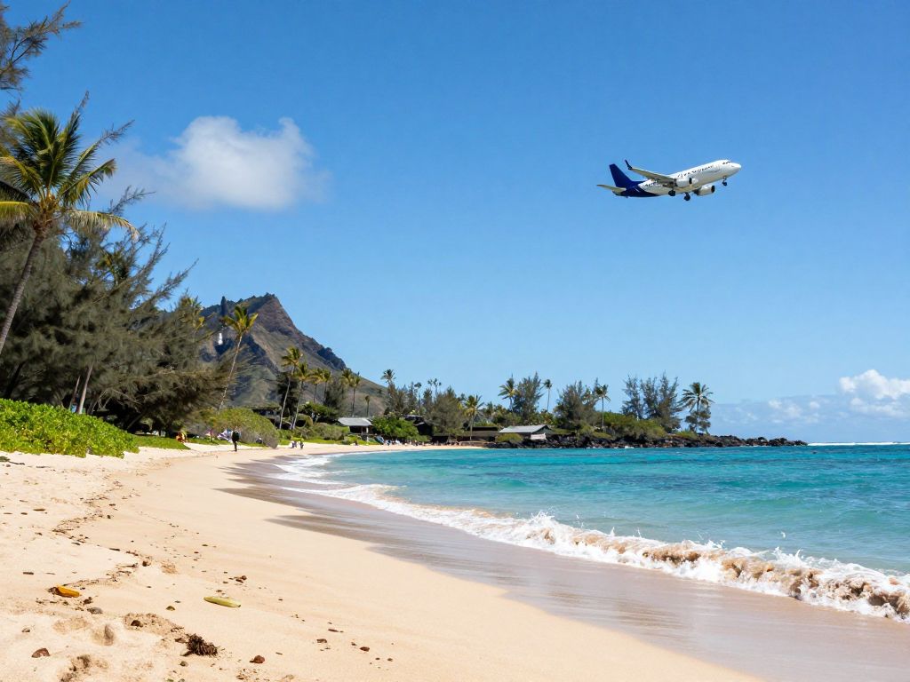Airplane flying over a Hawaiian beach