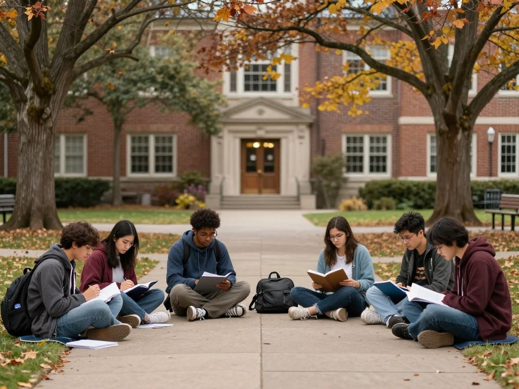 Diverse group of college students engaging in study and discussion on a campus