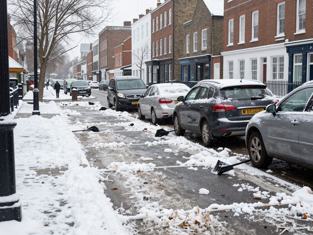 Snowy urban street with shoveled parking spaces in Dorchester