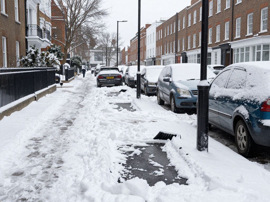 Snow-covered street in Dorchester with shoveled parking spaces.
