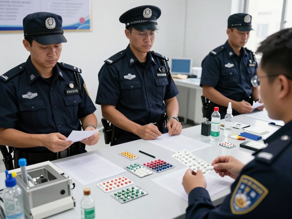 Law enforcement officers with seized illicit drugs and manufacturing equipment