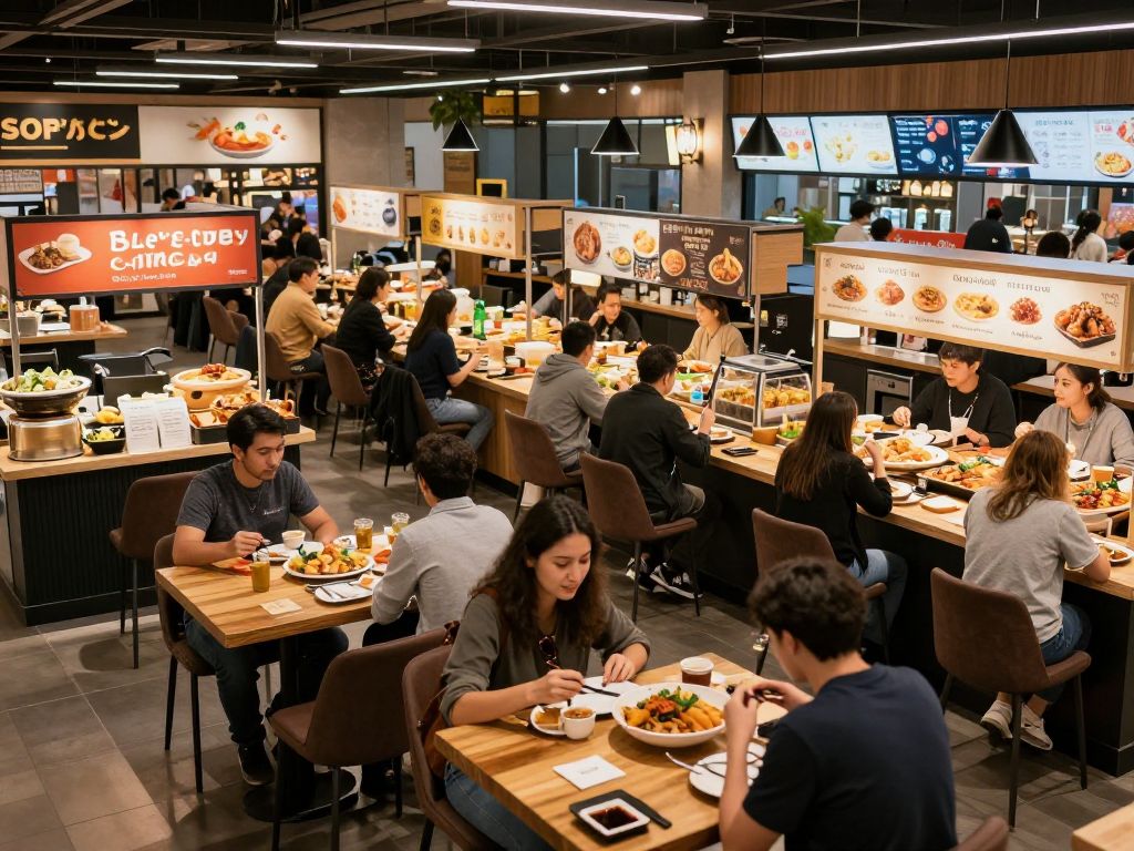 Interior view of Eastern Edge food hall with diverse dining options and patrons enjoying meals.