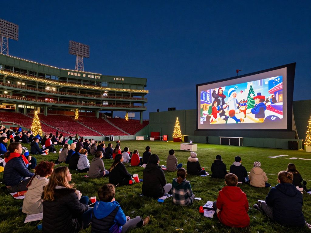 Families enjoying a movie night at Fenway Park with Christmas decorations