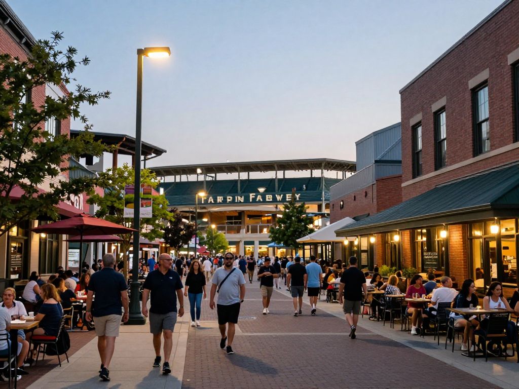 A lively urban scene near Fenway Park at night with people enjoying the atmosphere.