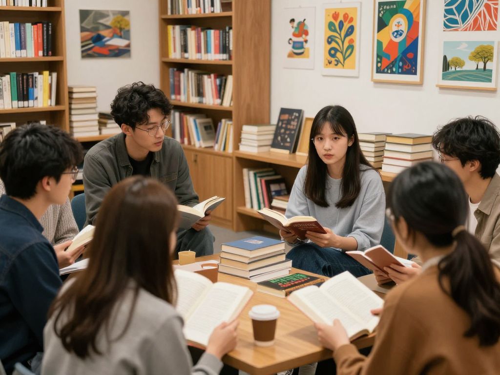 Students at Boston University during a literary event.