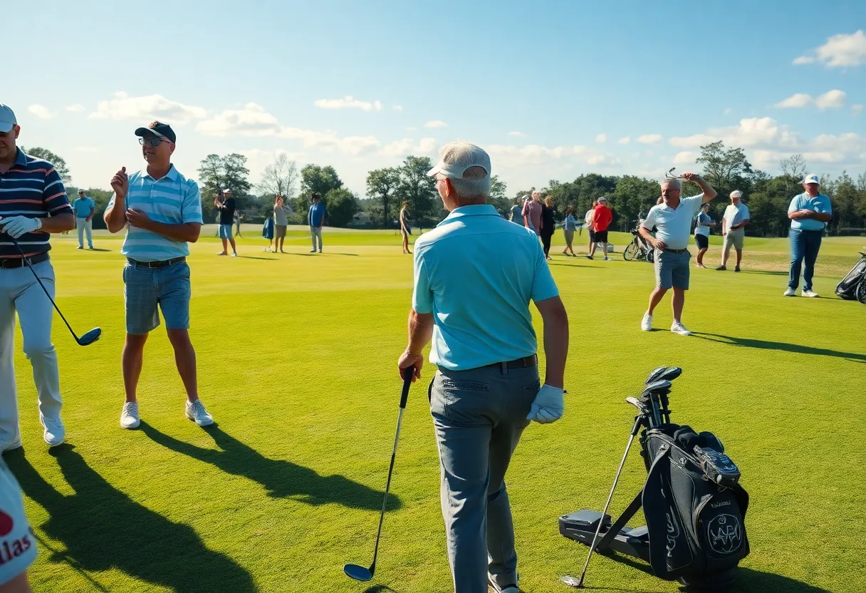 A diverse group of golfers with complete club sets on the golf course.