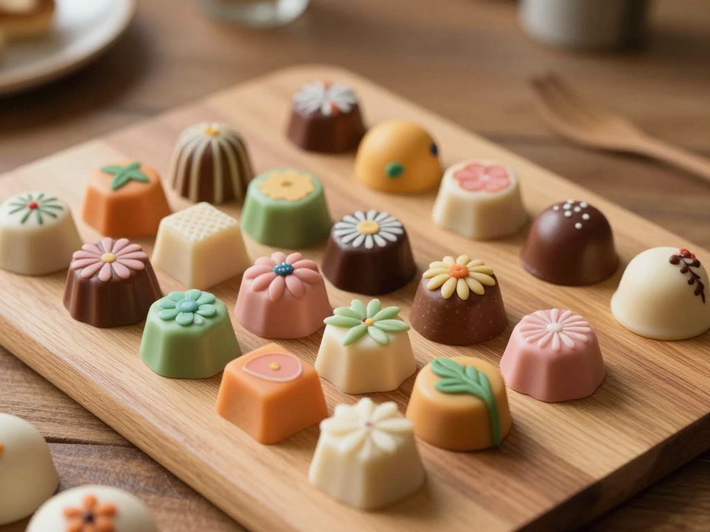 Assorted handcrafted bonbons in vibrant colors on display
