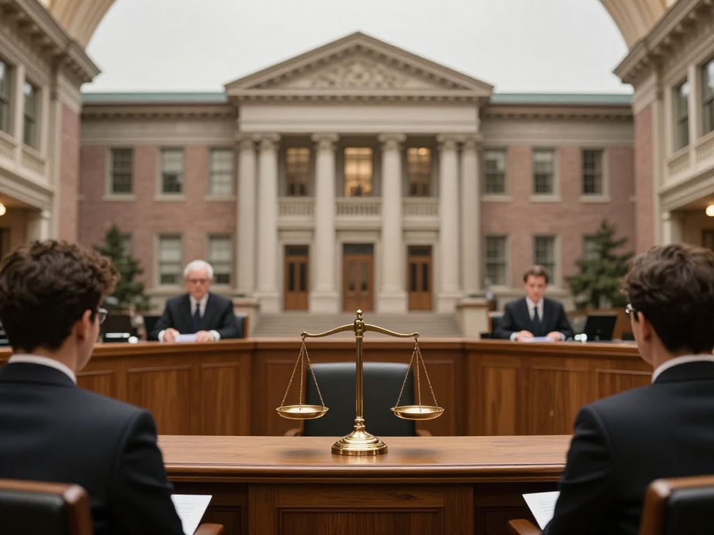 Courtroom scene depicting Harvard admissions lawsuit
